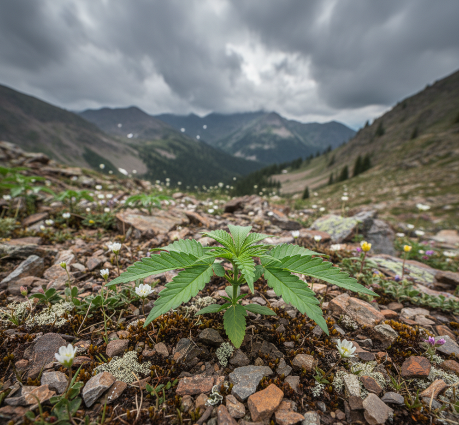 Deep green fan leaves of a cannabis plant at night